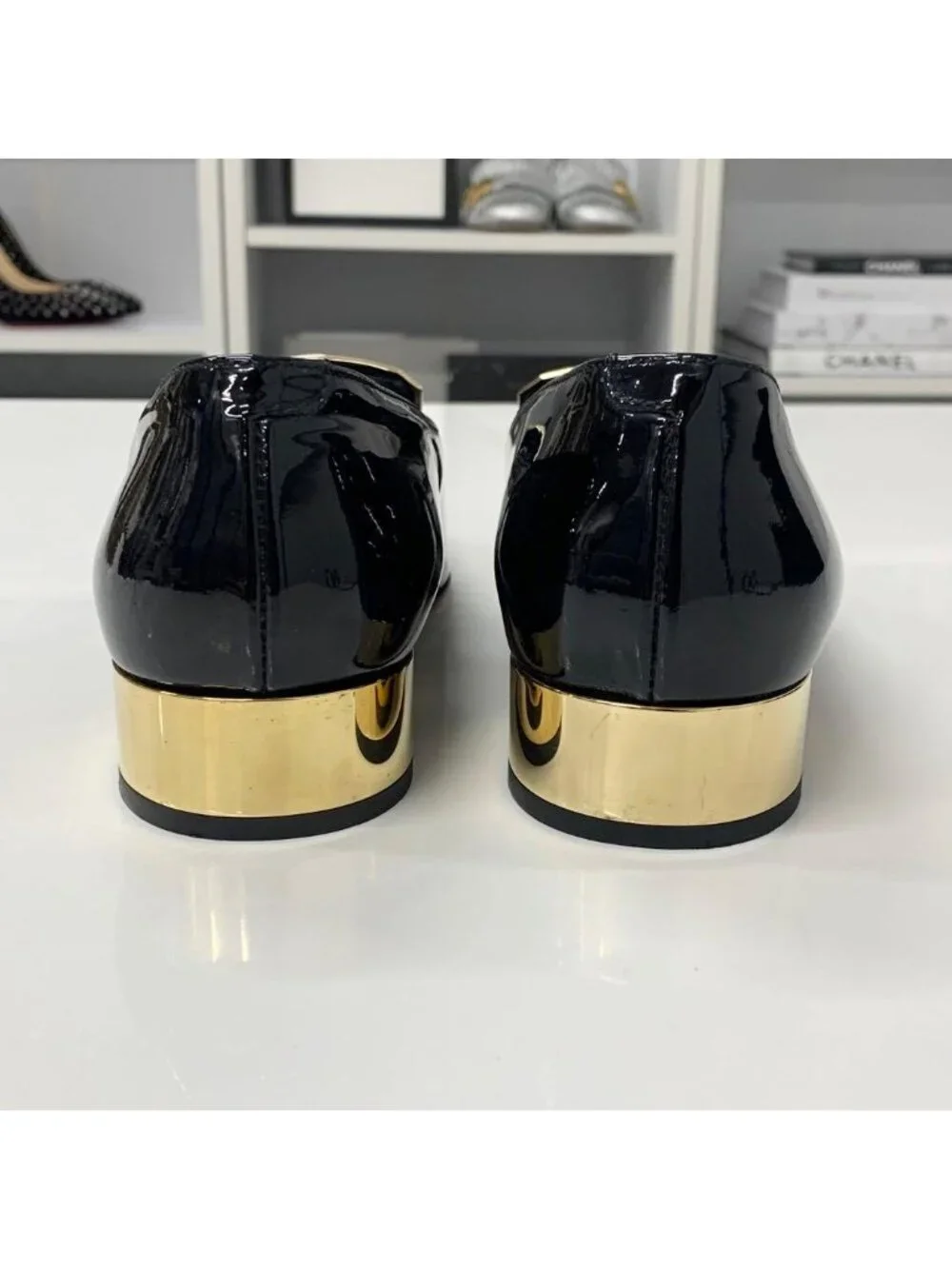 Chanel CC Logo Patent Loafers Black Gold